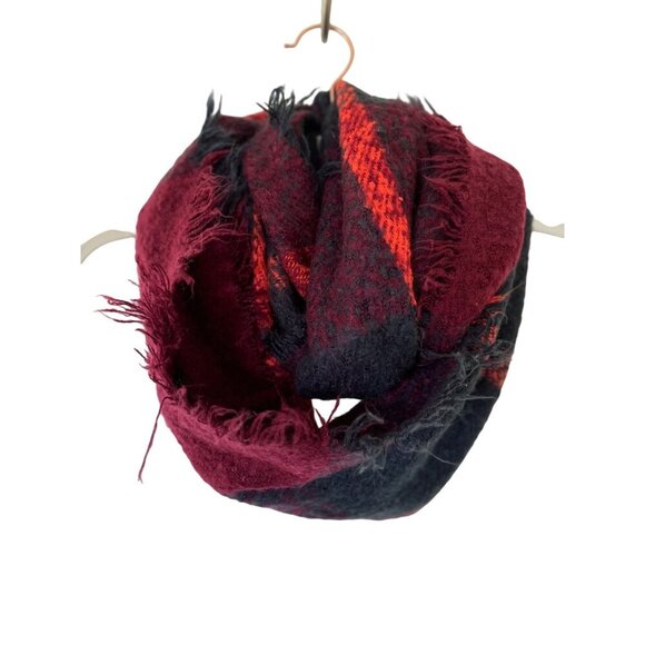 LOOK Buffalo Plaid Infinity Scarf One Size Red Neon Orange Plaid Acrylic - Picture 1 of 11